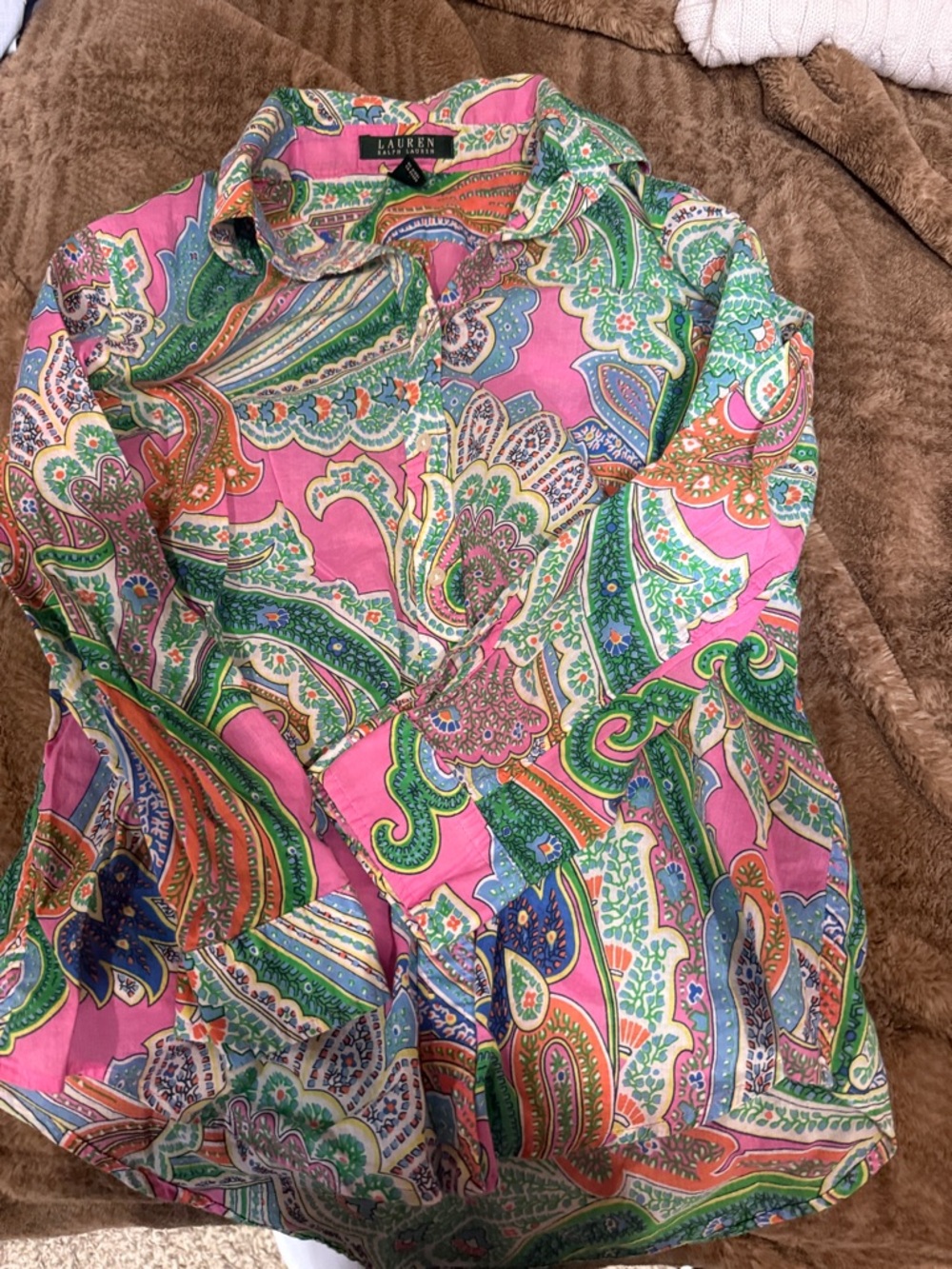 Lauren Ralph Lauren Pink and Green Paisley Collar Shirt